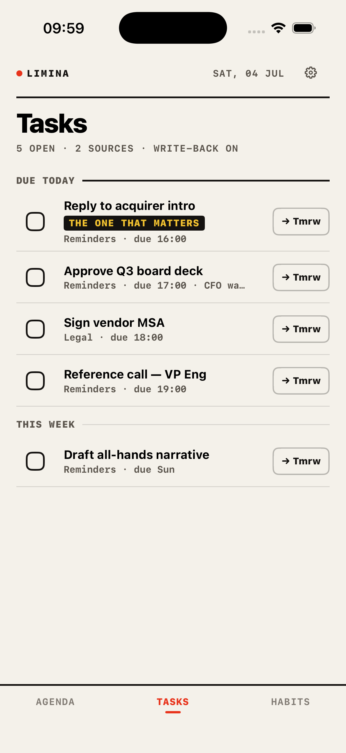 Limina Tasks — everything due today across sources, with the agent's 'the one that matters' stamp